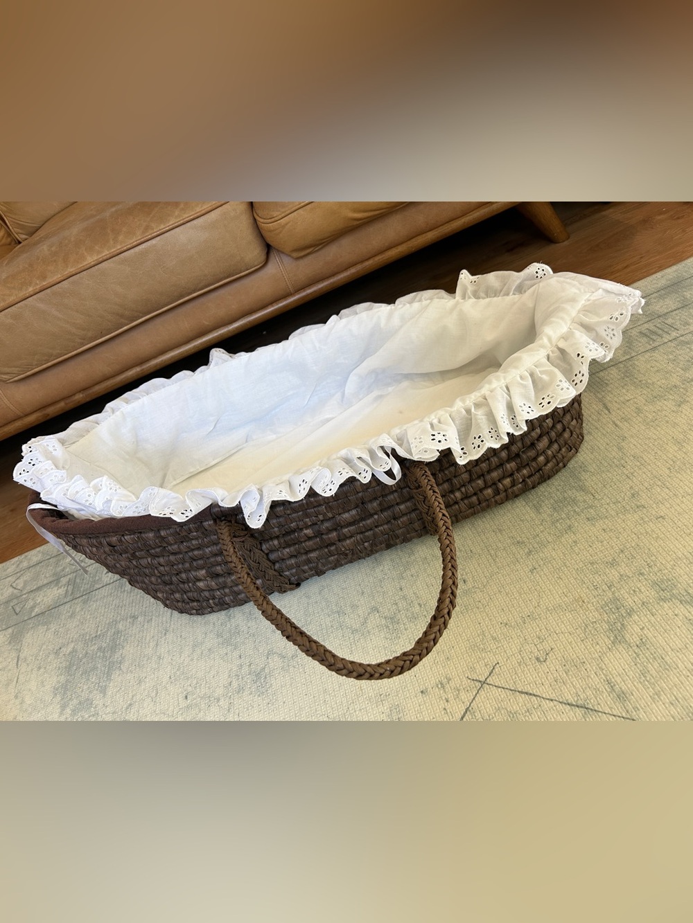 Adorable dark brown Moses basket EUC with mattress and liner